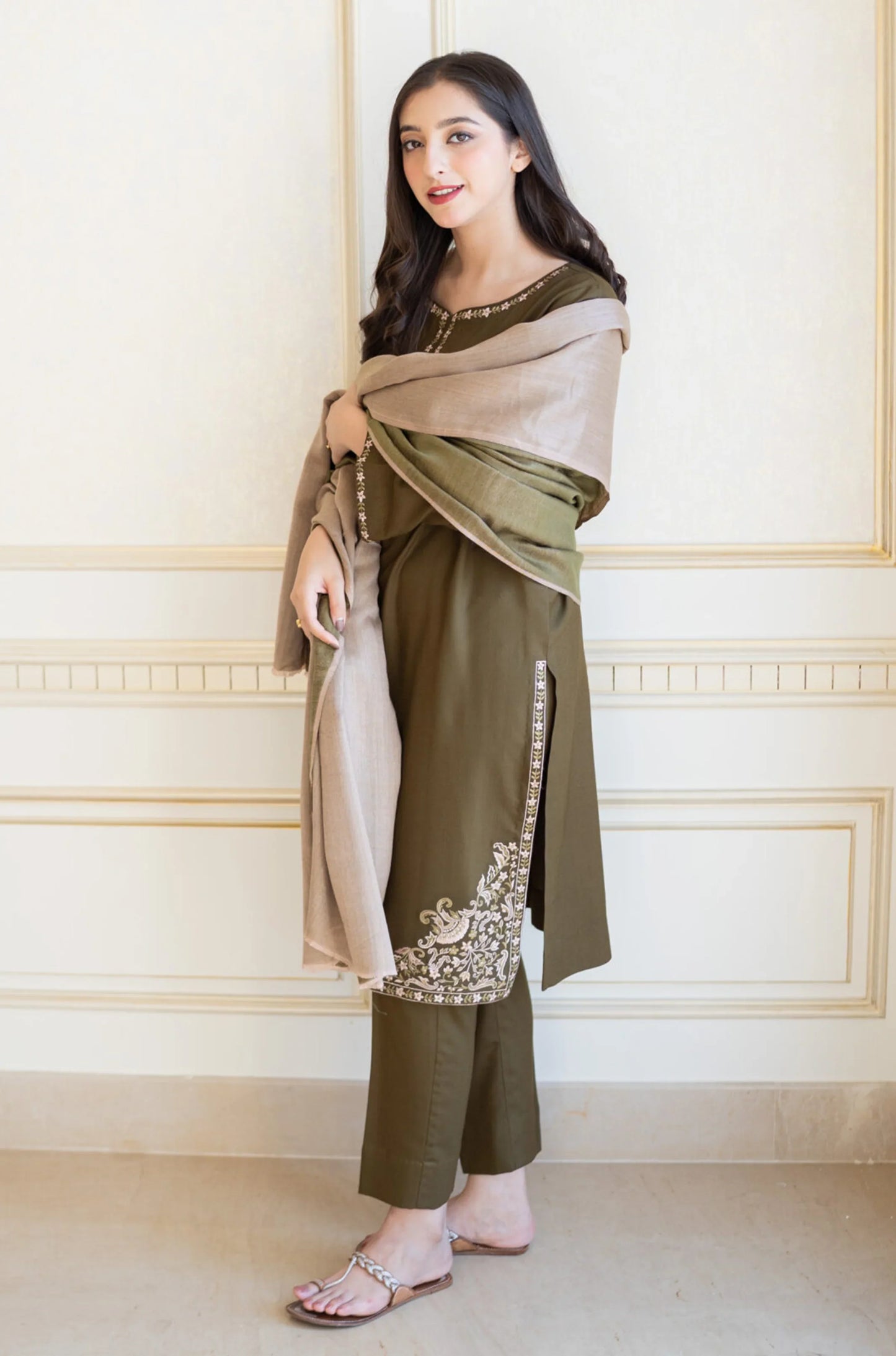 Fcc-885 Mehndi Dhanak Embroidered three piece With Dhanak Shawl