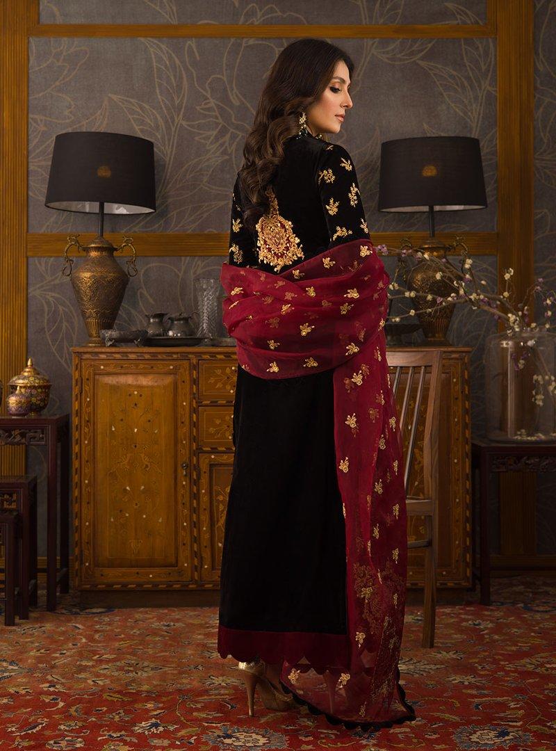 sitarahclothing D-107 Black Color Embroidered Velvet Three piece Winter Collection