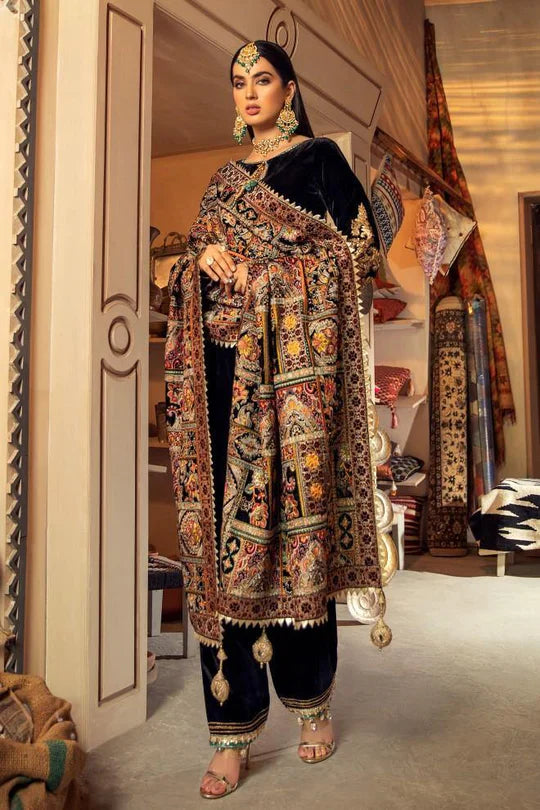 FCC ZC-115 Black Embroidered Velvet Three piece With Karandi Shawl Winter Collection