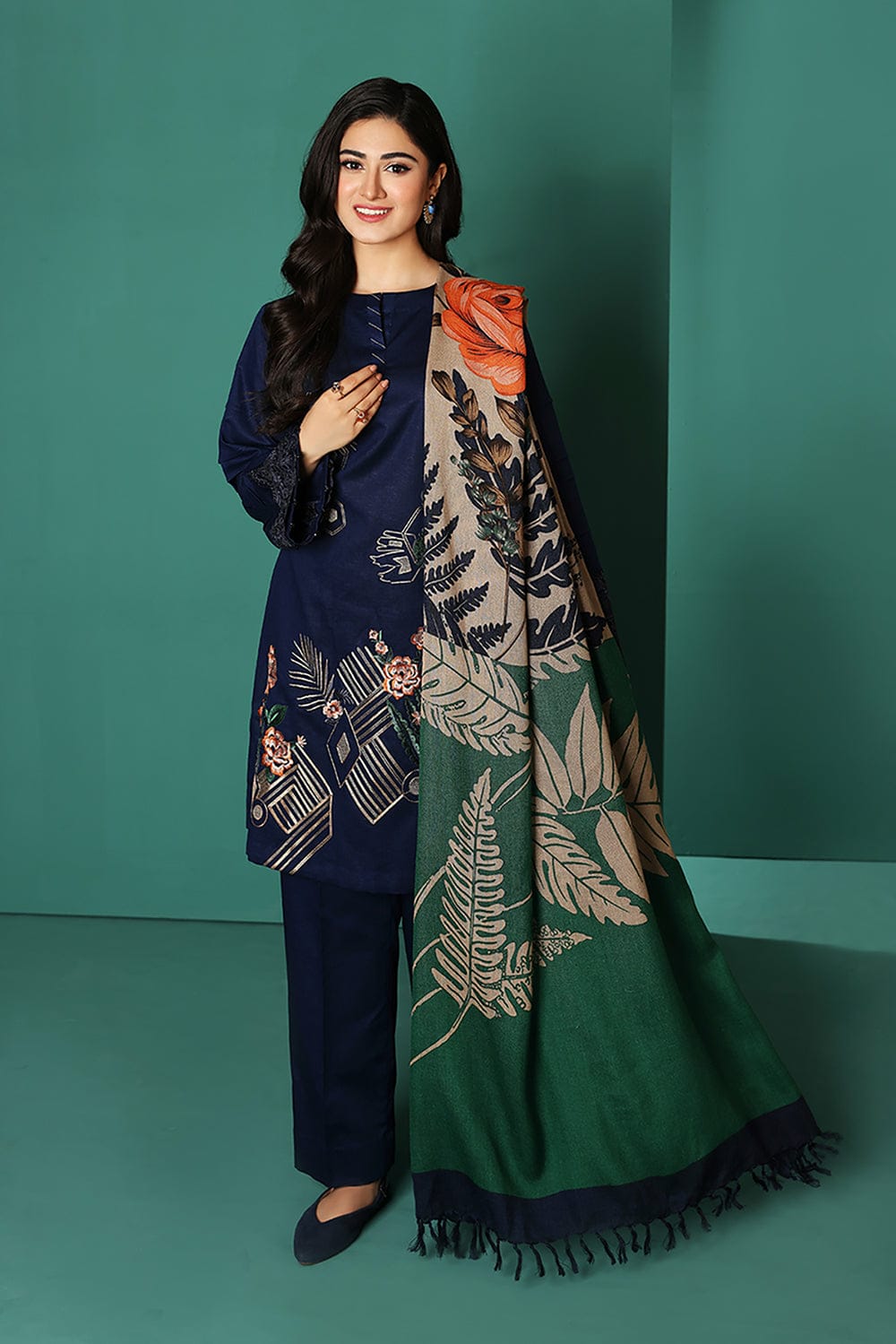 Nishat 539 Blue Dhanak Embroidered three piece With silk Woolen Shawl