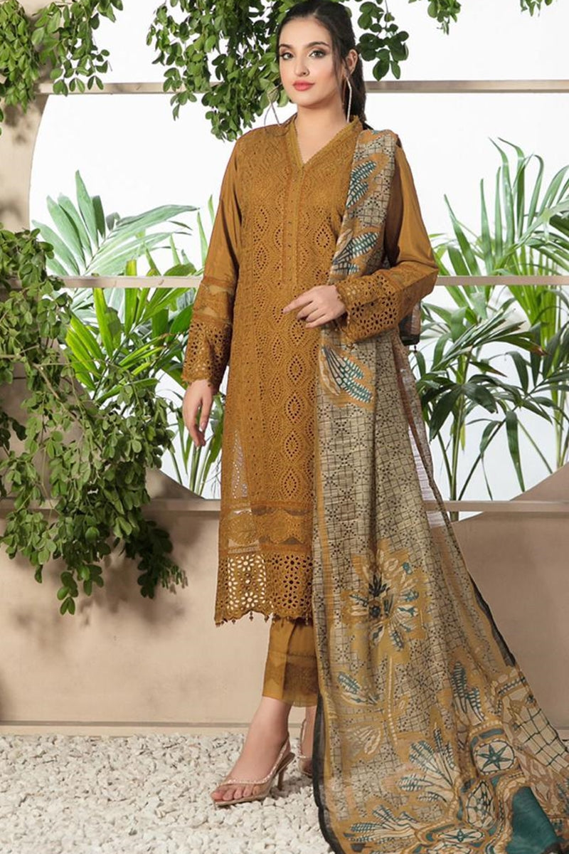 Chikenkari Dhanak Embroidered Three Piece Collection (D-762 Musturd)