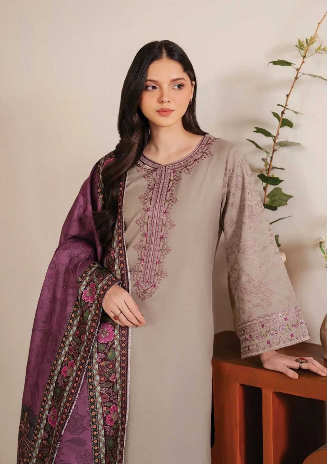 Garnet Embroidered Dhanak Three Piece Shahmina