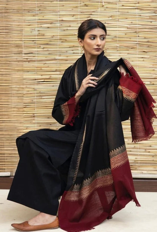 sitarahclothing Fcc-451 Black Dhanak Embroidered three piece With Dhanak Shawl