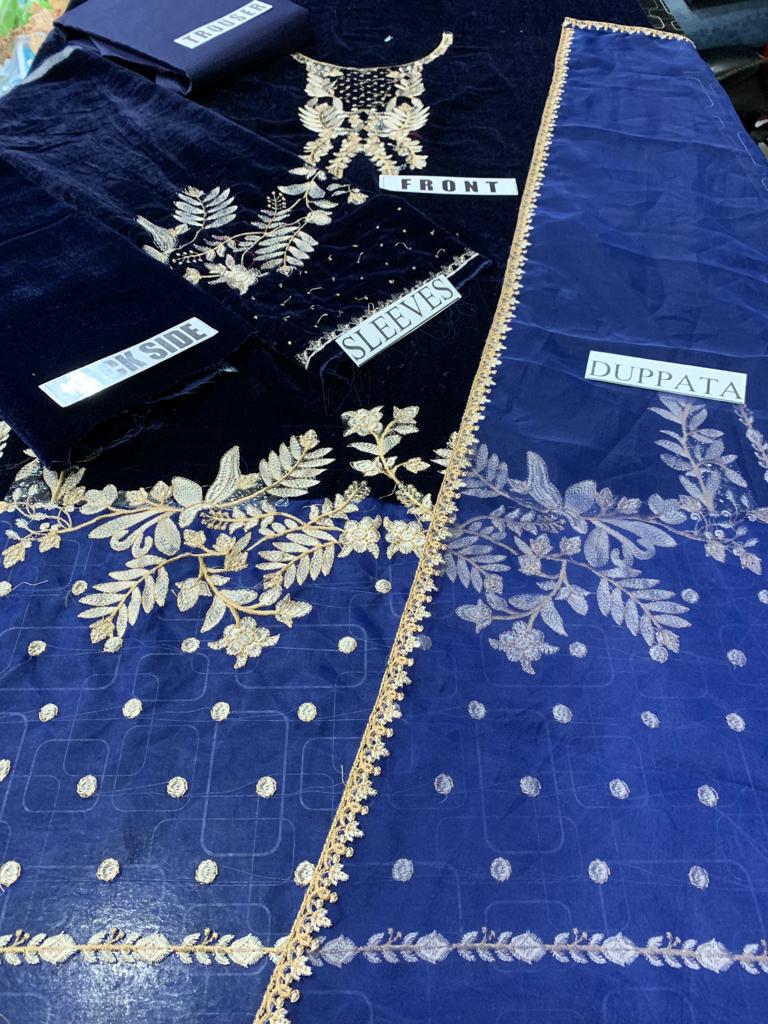 FCC BT-10 Blue Embroidered Velvet Three piece Winter Collection