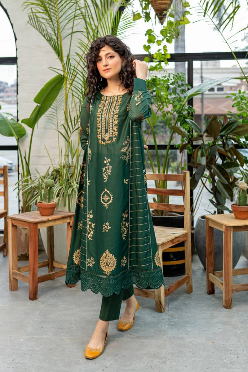 Batik D-130 Green  Color Embroidered Katan Silk two piece