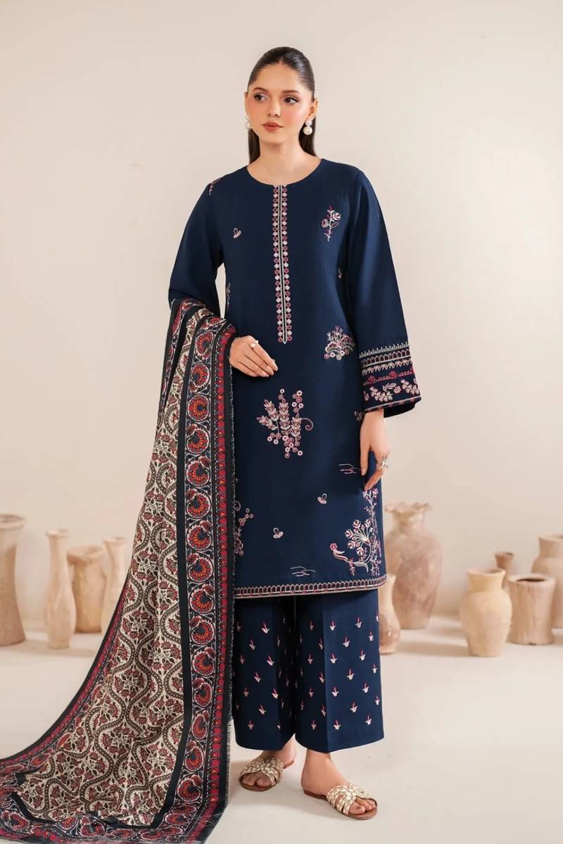 Garnet Embroidered Dhanak Three Piece ameema