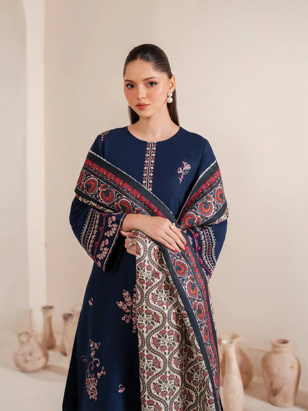 Garnet Embroidered Dhanak Three Piece ameema