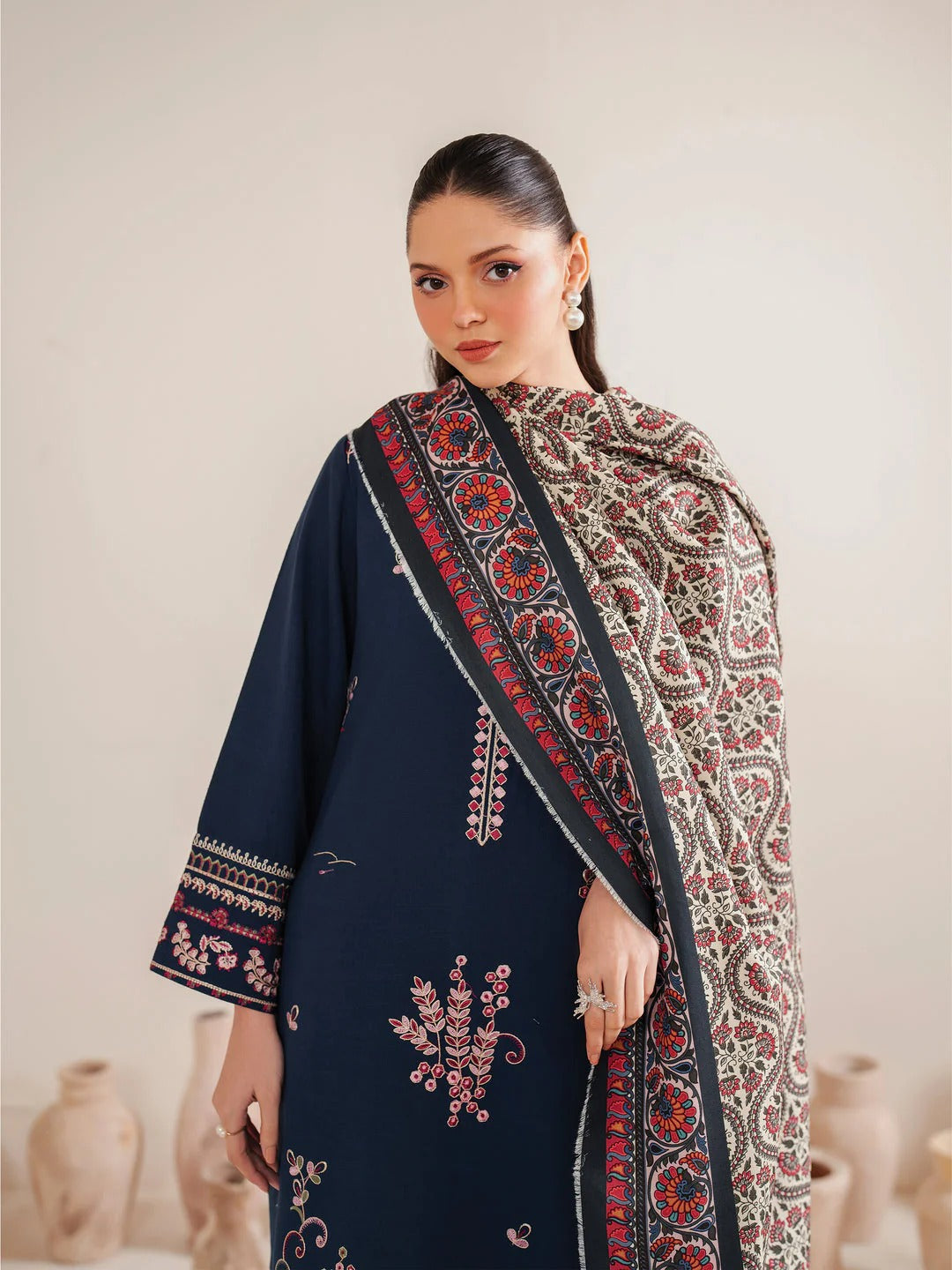 Garnet Embroidered Dhanak Three Piece ameema