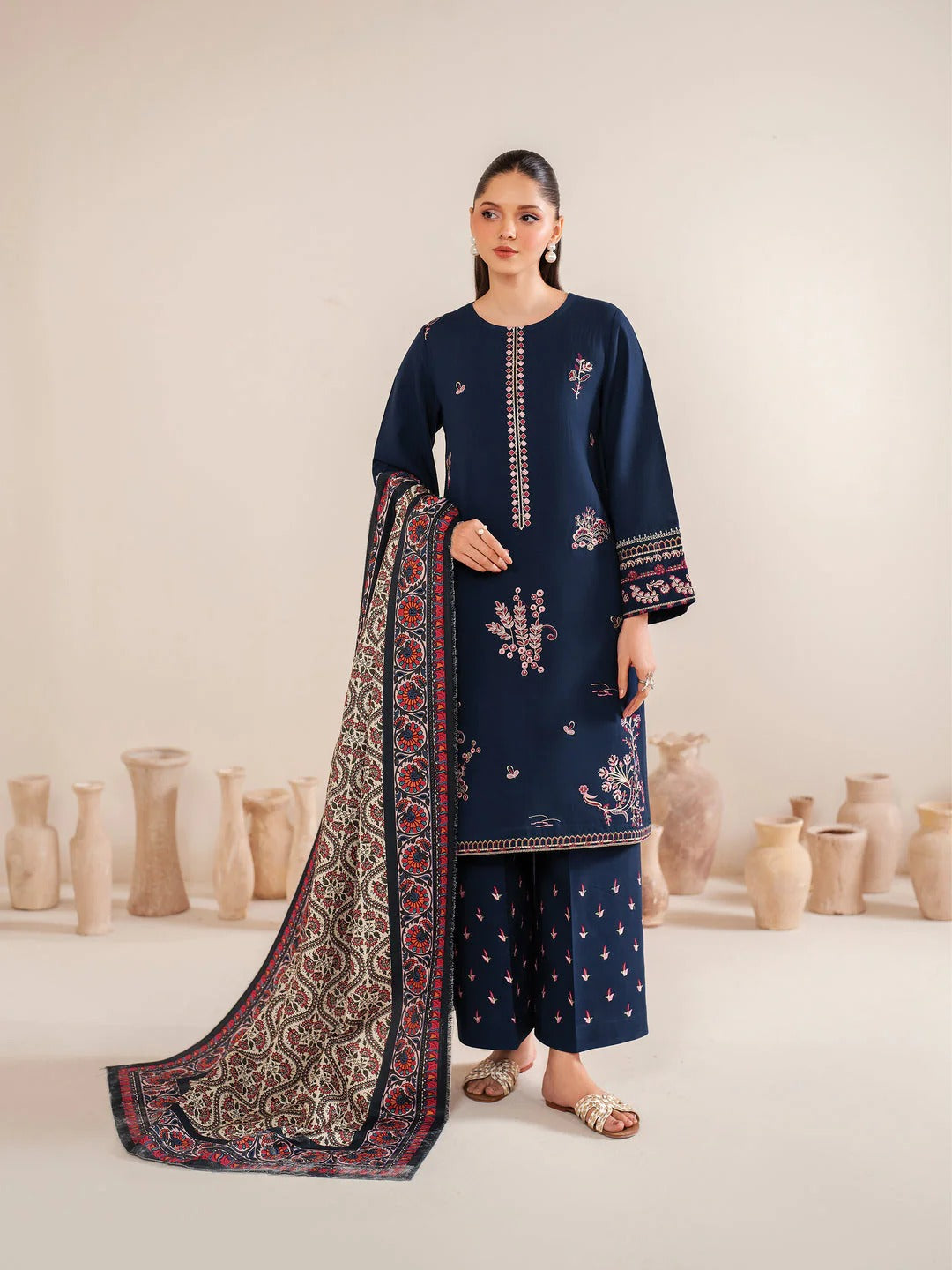 Garnet Embroidered Dhanak Three Piece ameema