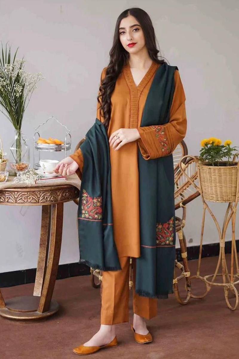 Fcc-476 (musturd Dhanak) Embroidered three piece With Dhanak Duppata