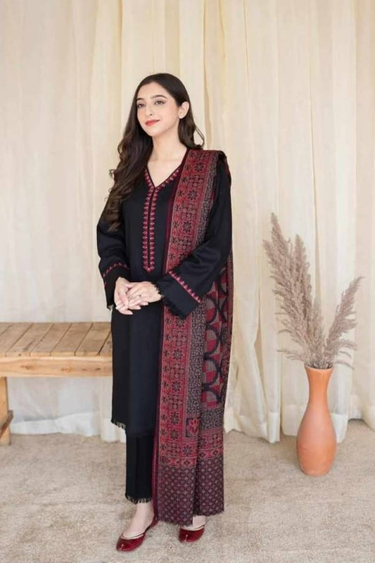 sitarahclothing Fcc-883 Black Dhanak Embroidered three piece With  Woolen Duppata