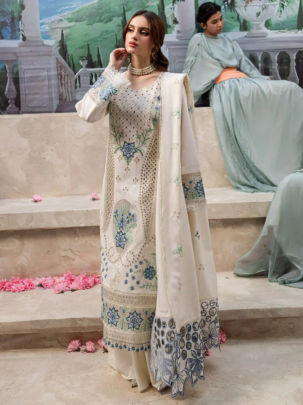 Qalamkar Chikenkari Embroidered lawn Three Piece