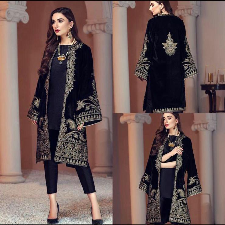 MariaB D-472 Black Color Embroidered Velvet two piece Winter Collection