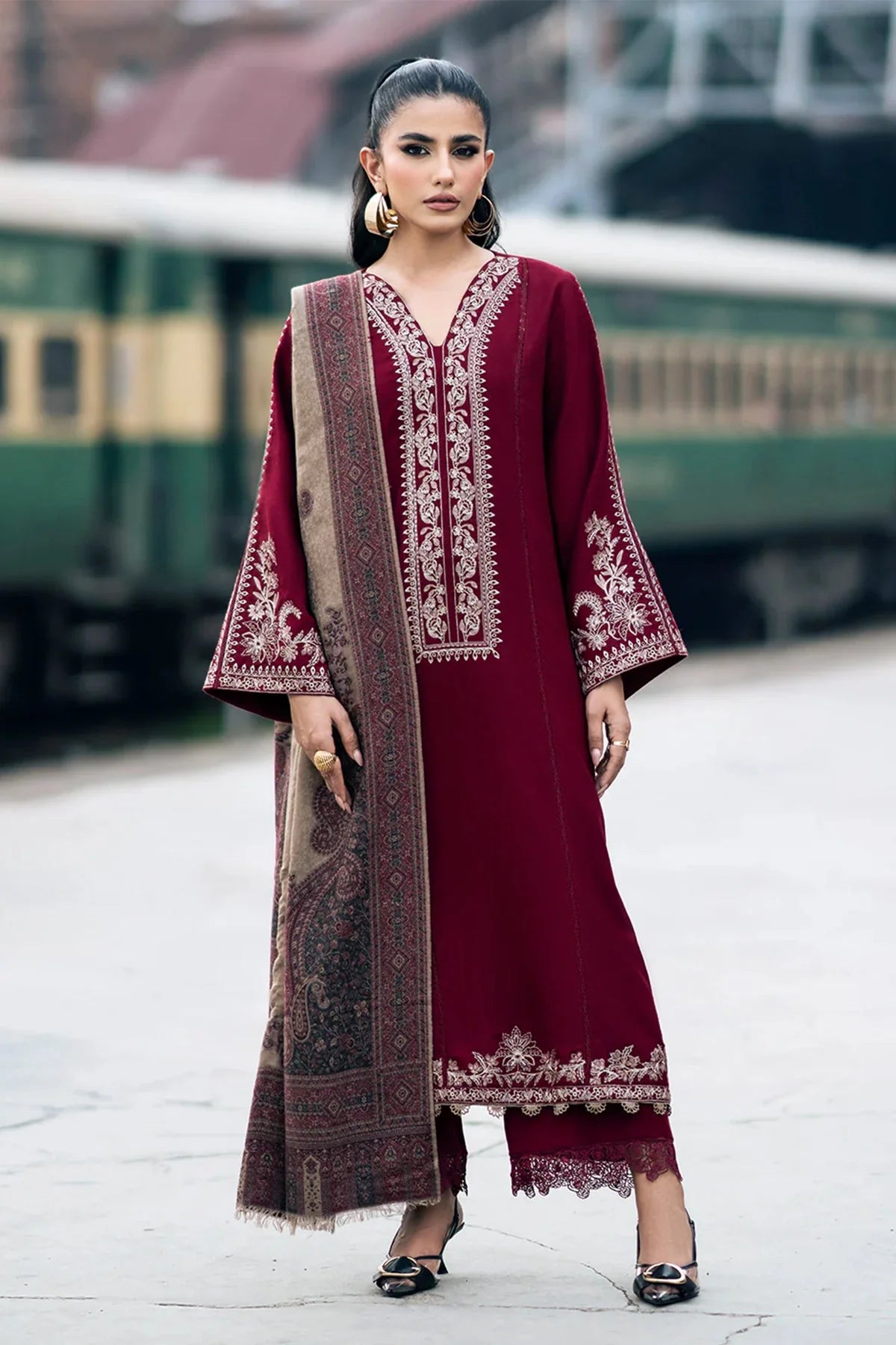 IZEL-Embroidered 3pc Dhanak dress with Printed shawl
