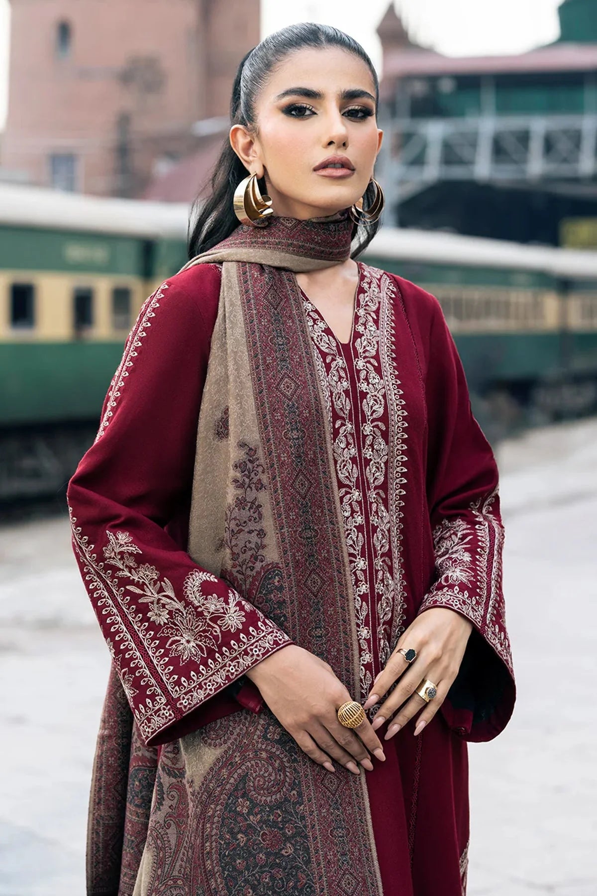 IZEL-Embroidered 3pc Dhanak dress with Printed shawl