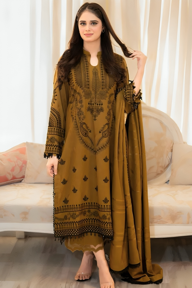 Zara Shahjahan Inspired Embroidered Dhanak Three-Piece Suit