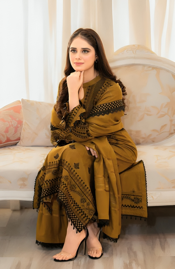 Zara Shahjahan Inspired Embroidered Dhanak Three-Piece Suit