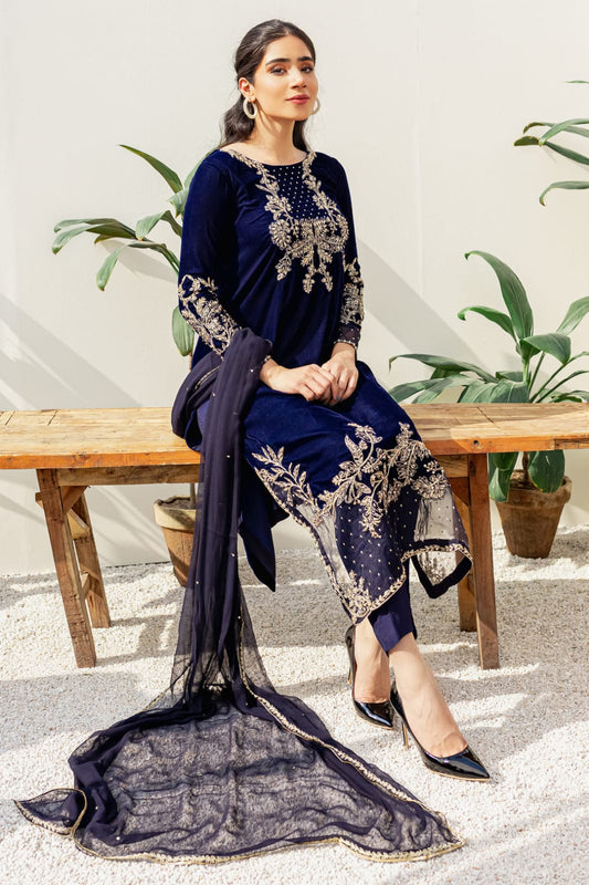 FCC BT-10 Blue Embroidered Velvet Three piece Winter Collection