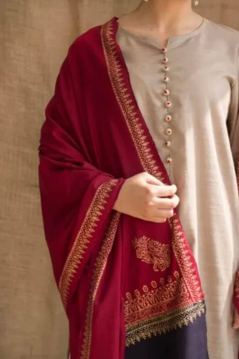 sitarahclothing Fcc-452 SKIN-GREY Dhanak Embroidered three piece With Dhanak Shawl