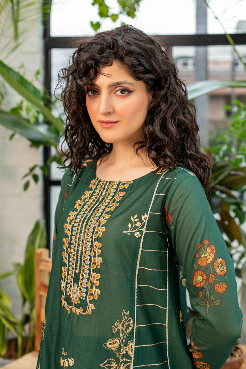 Batik D-130 Green  Color Embroidered Katan Silk two piece