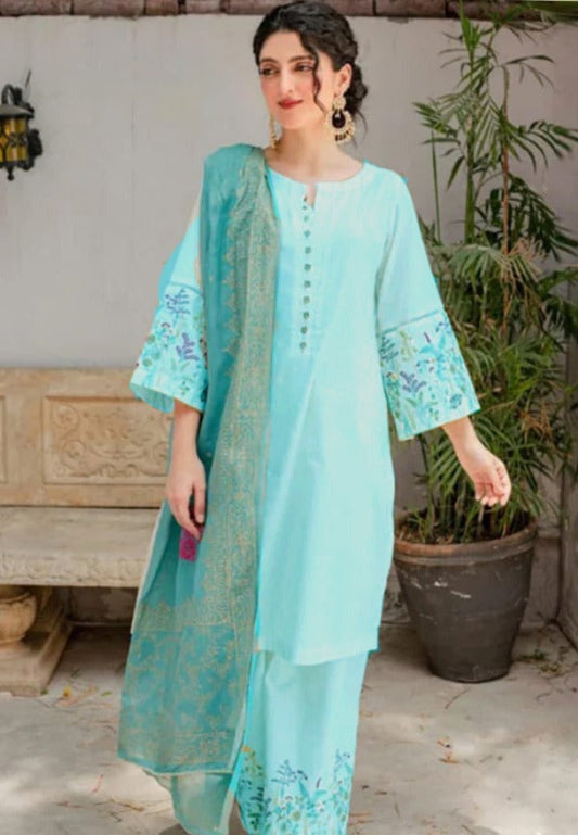 Fcc-882 sky Blue lawn Embroidered three piece