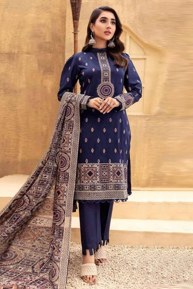 FCC-189 Blue Embroidered Dhanak Three Piece Winter Collection