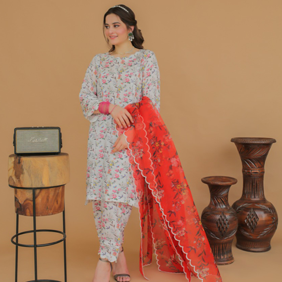 Aiman Closet AC-02 White Printed Airjet Viscous Silk Three Piece