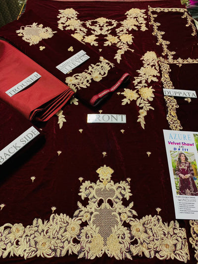 FCC ZC-111 Embroidered Velvet Three piece With Velvet Shawl  Winter Collection