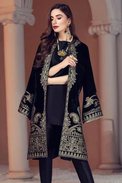 MariaB D-472 Black Color Embroidered Velvet two piece Winter Collection